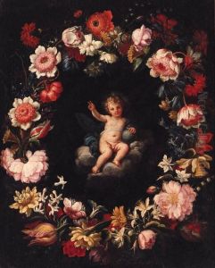 The Infant Christ In A Medallion Surrounded By A Garland Offlowers by Pier Francesco Cittadini