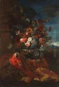 Flowers In A Basket, By A Terracotta Urn