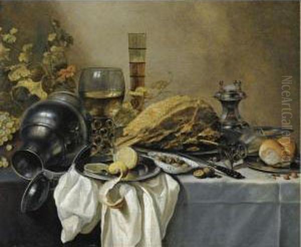 A Still Life With An Overturned
Pewter Jug, A Roemer And A Blue Lined Beer Glass, Surrounded By Grapes
And Leaves, A Pewter Plate With A Ham, A Salt Cellar, A Roll And A
Sliced Lemon On Pewter Plates With Olives In A Porcelain Bowl - view 1