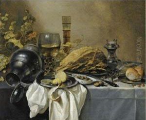 A Still Life With An Overturned
Pewter Jug, A Roemer And A Blue Lined Beer Glass, Surrounded By Grapes
And Leaves, A Pewter Plate With A Ham, A Salt Cellar, A Roll And A
Sliced Lemon On Pewter Plates With Olives In A Porcelain Bowl by Pieter Claesz.