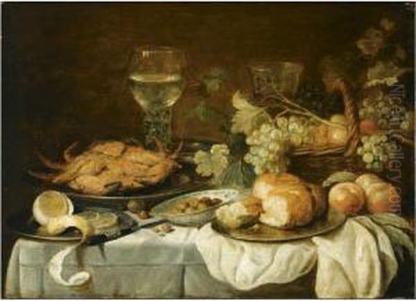 Still Life With A Roemer, A
Crab, A Half-peeled Lemon, And A Bread Roll On Pewter Plates, A Basket
With Fruit, And A Chinese Bowl With Olives, All Arranged On A Draped
Table - view 1