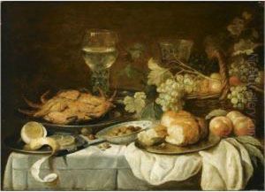 Still Life With A Roemer, A 
Crab, A Half-peeled Lemon, And A Bread Roll On Pewter Plates, A Basket 
With Fruit, And A Chinese Bowl With Olives, All Arranged On A Draped 
Table