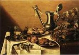 Stilleben Mit Zinnkanne, Zinntellern, Fruchten, Krebs, Brot Und Einem Romerglas by Pieter Claesz.