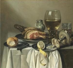 Still Life With Ham, Lemon, A Roll, A Glass Of Wine, And Others Ona Table by Pieter Claesz.