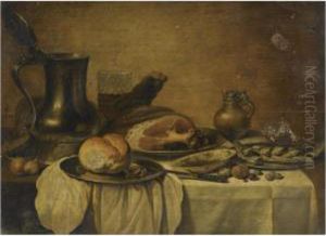 Still Life With A Pewter Jug, A
Beaker Of Beer, A Cooked Ham, Abread Roll On A Pewter Plate, Together
With Other Objects Allarranged On A Table Partly Draped In A White Cloth by Pieter Claesz.