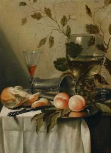 Fruhstucksstillleben Mit Glasern, Zinnbecher, Brot Und Fruchten