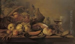 Quinces, Peaches, A Sliced Melon On A Silver Plate by Pieter Claesz.