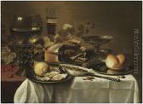 Still Life With A Large Roemer, A
Half-filled Beer Glass, A Tazza,a Pie, A Bread Roll On A Pewter Plate,
Along With Some Olives In Aceramic Bowl, A Lemon, Some Oysters And Other
Objects All Arrangedon A Partly Draped Table Top - view 1