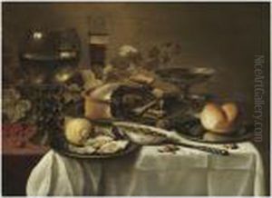 Still Life With A Large Roemer, A
 Half-filled Beer Glass, A Tazza,a Pie, A Bread Roll On A Pewter Plate, 
Along With Some Olives In Aceramic Bowl, A Lemon, Some Oysters And Other
 Objects All Arrangedon A Partly Draped Table Top by Pieter Claesz.