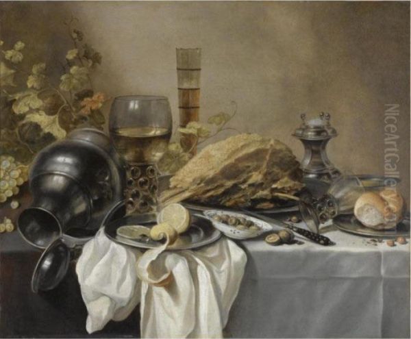 A Still Life With An Overturned 
Pewter Jug, A Roemer And A Bluelined Beer Glass, Surrounded By Grapes 
And Leaves, A Pewter Platewith A Ham, A Salt Cellar, A Roll And A Sliced
 Lemon On Pewterplates With Olives In A Porcelain Bowl - view 1