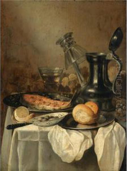 Still Life With A Pewter Flagon
And Upturned Wineglass, A Slice Of Salmon, A Partly Peeled Lemon, Some
Green Olives In A Blue And White Porcelain Bowl And A Bread Roll On A
Pewter Plate, All Arranged On A Partly Draped Tabletop - view 1