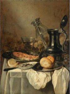 Still Life With A Pewter Flagon 
And Upturned Wineglass, A Slice Of Salmon, A Partly Peeled Lemon, Some 
Green Olives In A Blue And White Porcelain Bowl And A Bread Roll On A 
Pewter Plate, All Arranged On A Partly Draped Tabletop