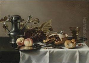 Still Life Of Grapes, A Pie,
Peaches, A Pewter Ewer, A Roemer, Hazelnuts, A Bread Roll, A Knife And
Other Objects, All On A Draped Table by Pieter Claesz.