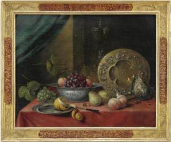 Natura Morta Con Pesche, Pere, 
Uva, Un Limone Tagliato, Una Ciotola Di Maiolica E Una Brocca Con 
Vassoio Cesellati - view 1