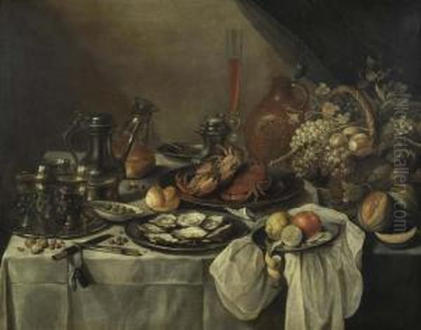 Reiche Tafel Mit Drei 
Weingefullten Berkemeyern, Zinnkanne, Austern, Seekrabben, Bartmannkrug 
Und Fruchtekorb. 1657. - view 1