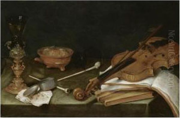 Still Life With Smoking
Implements, A Gilt Glass Holder, A Violin And A Pile Of Books: 'the Five
Senses' - view 1