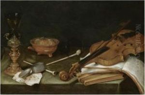 Still Life With Smoking 
Implements, A Gilt Glass Holder, A Violin And A Pile Of Books: 'the Five
 Senses' by Pieter Claesz.