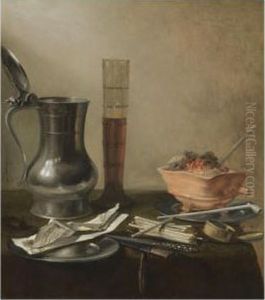 A Still Life Of A Pewter Flagon,
 A Tall Glass, A Chafing-dish And Smokers' Requisites, All On A Draped 
Table