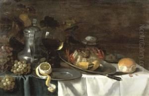 A Crab On A Pewter Plate, A Peeled Lemon On Another Pewter Plate by Pieter Claesz.