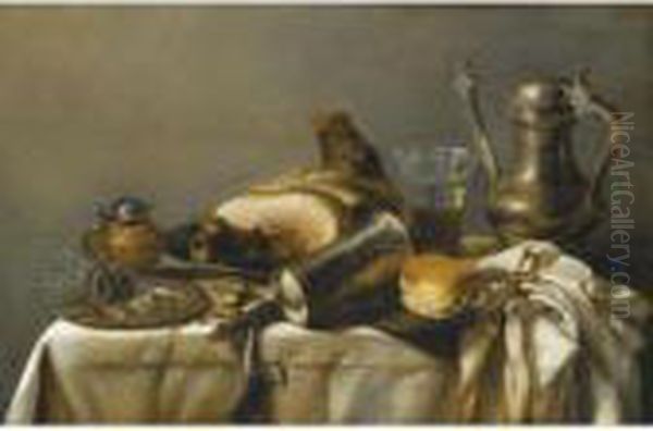 A Still Life With A Leg Of Ham Upon A Pewter Plate, A Pewter Kanne And A Roemer - view 1