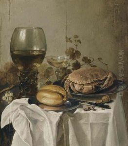 Still Life With Glass, Crab, Bread Roll, Plate And Knife On White Table Cloth. by Pieter Claesz.