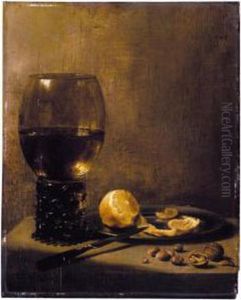 A Still Life With A Large
Roemer, A Knife Resting On A Silver Plate Bearing A Partly-peeled Lemon,
Walnuts And Hazelnuts, On A Marble Ledge by Pieter Claesz.