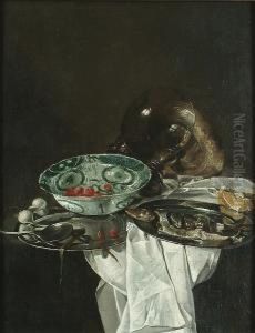 A Silver Salva With A Fish,
Strawberries In A Wan-li Kraakware Dish, An Overturned Roemer And A
Silver Tazza On A Draped Table Top by Pieter Claesz.