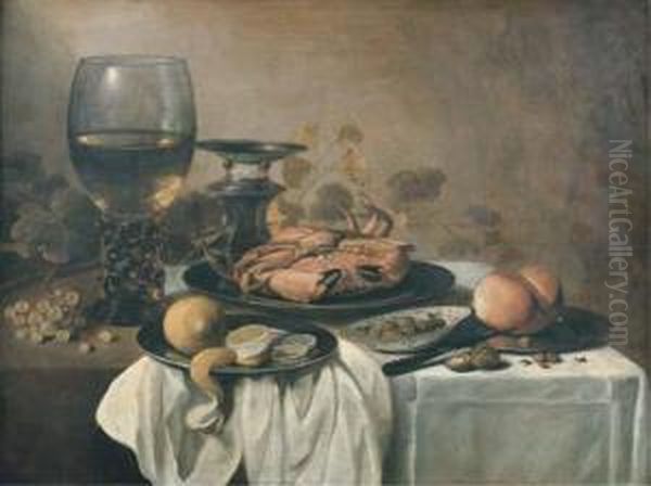 A Crab On A Pewter Plate, A 
Roemer, A Partly-peeled Lemon On Apewter Platter, A Bowl Of Olives, A 
Bread Roll And A Knife On Apewter Plate With Grapes, Walnuts And 
Hazelnuts On A Partly-drapedtable - view 1