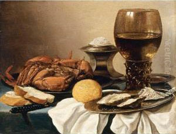 Still Life Of A Crab On A Pewter
Plate, A Salt-cellar, A Roemer, A Knife, A Lemon And Two Oysters On A
Pewter Plate, All Resting On A Draped Table - view 1