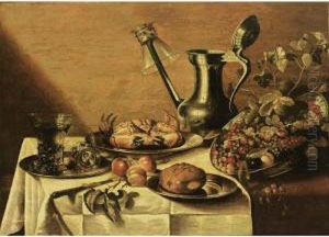 On A Pewter Plate, A Crab On A Pewter Plate, Apples, A Jan Steen Jug With A by Pieter Claesz.