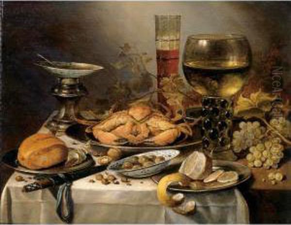 Banquet Still Life With A Crab 
On A Silver Platter, A Bunch Of Grapes, A Bowl Of Olives, And A Peeled 
Lemon All Resting On A Draped Table - view 1