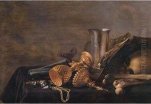 Still Life Of A Dutch Silver 
Beaker, A Roemer, Shells, An Overturned Gilt Cup With Its Cover Nearby, A
 Gilt Chain, An Open Book And A Skull All Resting On A Draped Table