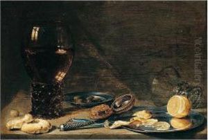 A Still Life Of A Roemer, Pewter
 Plates Bearing Olives And Lemons, A Watch And Other Objects On A Stone 
Ledge