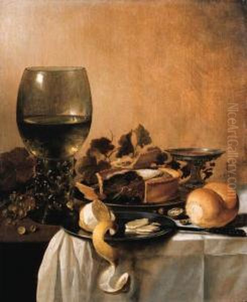 A Giant Roemer, A Silver Tazza, A
Pie And A Partly Peeled Lemon On Pewter Plates, Grapes On The Vine, A
Bread Roll And A Knife On A Partially Draped Table - view 1