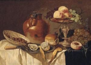 An Oyster And A Peeled Lemon On A
 Pewter Plate, A Bread Roll, Astoneware Jug, A Knife, A Bowl Of Olives, 
Peaches And Grapes On Asilver-gilt Tazza, On A Draped Table by Pieter Claesz.