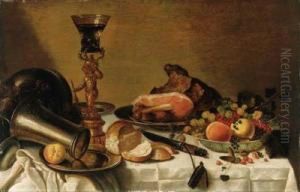 Fruit In A Wanli Kraak Porselein
 Bowl, A Ham On A Pewter Plate, Aroemer On A Silver Gilt Mount In The 
Form Of Bacchus, A Pewterbeaker On A Pewter Plate, A Bread Roll And A 
Knife On A Drapedtable