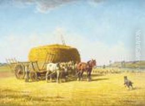 Harvest Time, Horses And Cart
Beside A Haystack, A Shepherd And Sheep And His Dog Nearby Signed by Charles Clair