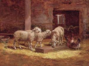 Sheep And Chickens In A Barn by Charles Clair
