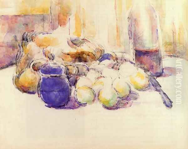 Blue Pot And Bottle Of Wine Aka Still Life With Pears And Apples Covered Blue Jar And A Bottle Of Wine - view 1