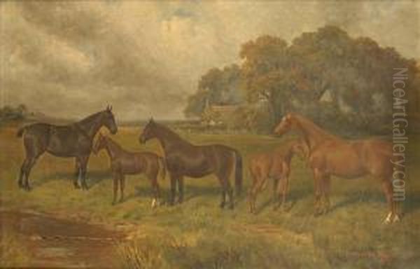 Hunters With Foals In A Summer Landscape - view 1