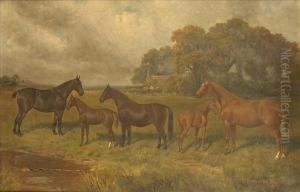 Hunters With Foals In A Summer Landscape by A. Clark