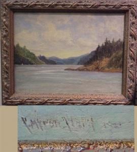 Landscape With Lake, Evergreens And Hills Under Blue Sky With Clouds by C. Myron Clark