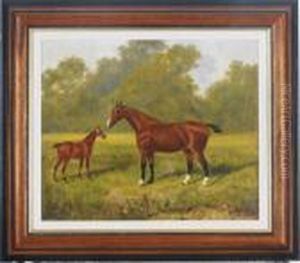 A Chestnut Mare With Her Foal by James Senior Clark