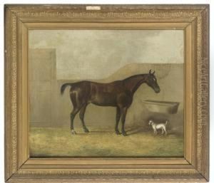 A Bay Horse And A Terrier In A Stable by James Senior Clark