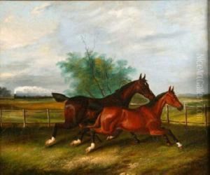 Two Horses Gallopingin A Meadow With Steam Train In Distance by James Senior Clark