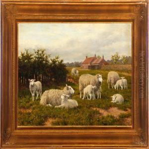 A Summer Landcape Scenerywith A Farm And Sheeps On A Meadow by Joseph Dixon Clark