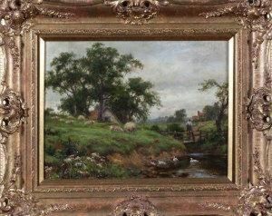 A Country Scene With Sheep And 
Ducks At A Riverbank And A Female Figure Crossing A Rustic Bridge In The
 Middle Distance