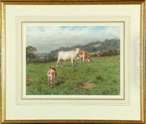 Cattle And A Young Calf In A Meadow by Joseph Dixon Clark