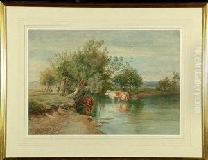 Cattle At A River Bank by Joseph Dixon Clark