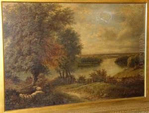 A Country Path Down To The River
 With City Beyond, Signed And Dated 'o.t. Clark 84', Oil On Canvas